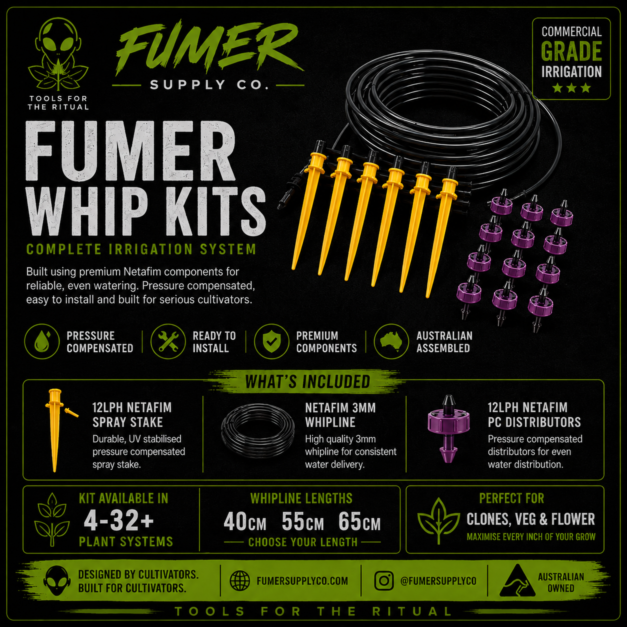 Fumer Whip Kit — complete Netafim irrigation system with 12LPH spray stakes, PC distributors and 3mm whipline. Available in 4-32+ plant systems and 40/55/65cm whipline lengths.