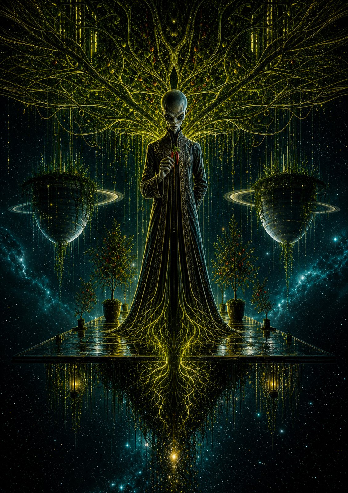 Rootbound art print — an alien with a tree branching out of him, ringed planets behind