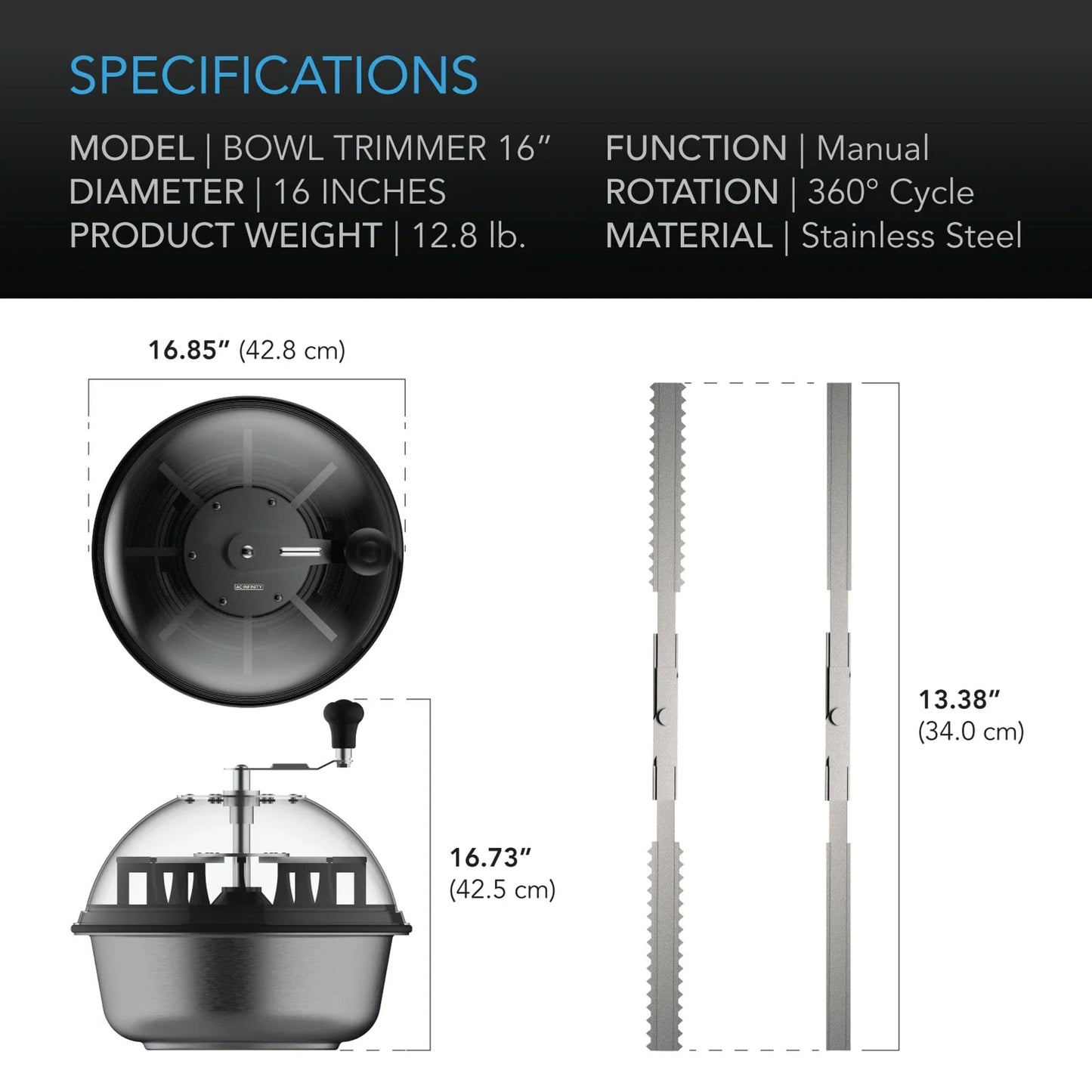 AC Infinity Bud Bowl trimmer, Twist spin cut with clear visibility dome, wet or dry product