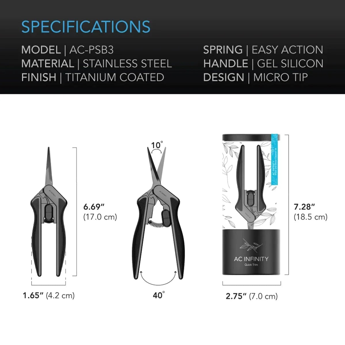 AC Infinity Stainless Steel Pruning Shear With Cleaning Kit, 6.6” Straight Blades