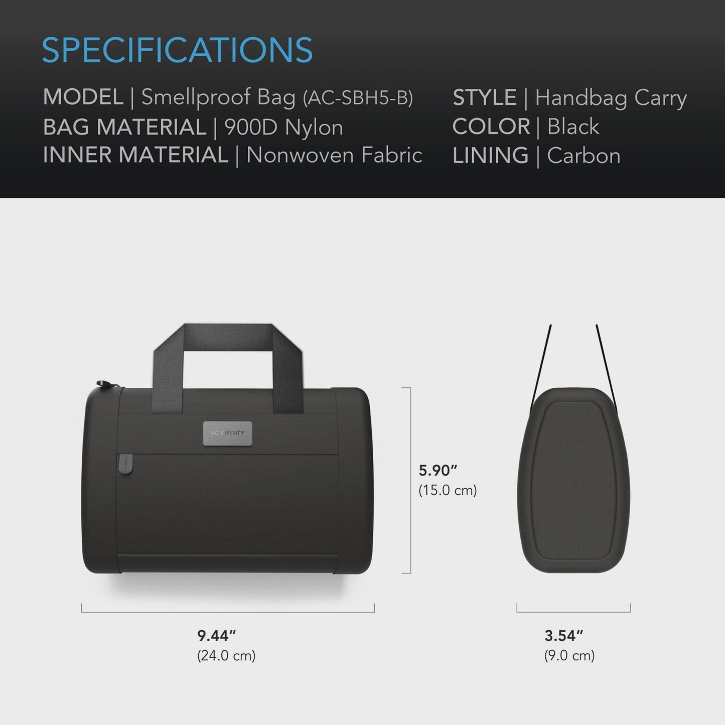 AC Infinity Smell Proof HandBag, Black, With 900D Nylon Fabric and Carbon Filter Lining