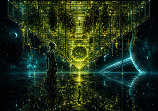 The Hanging Glasshouse art print — an alien standing in still water beneath an inverted glasshouse, its crop rows mirrored in the surface