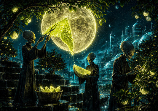 Harvest Moon art print — three aliens cutting a lime-green moon into wedges under a black sky