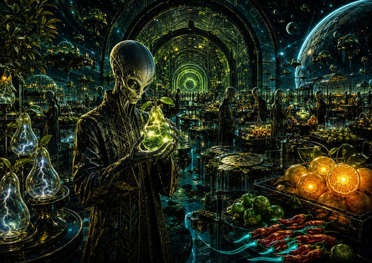 Night Market art print — a market lit by glowing fruit on the stalls, an alien holding a pear