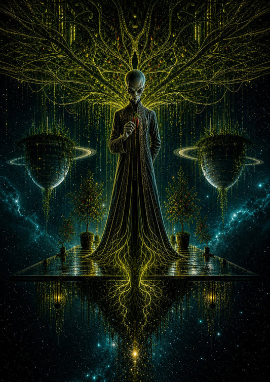 Rootbound art print — an alien with a tree branching out of him, ringed planets behind