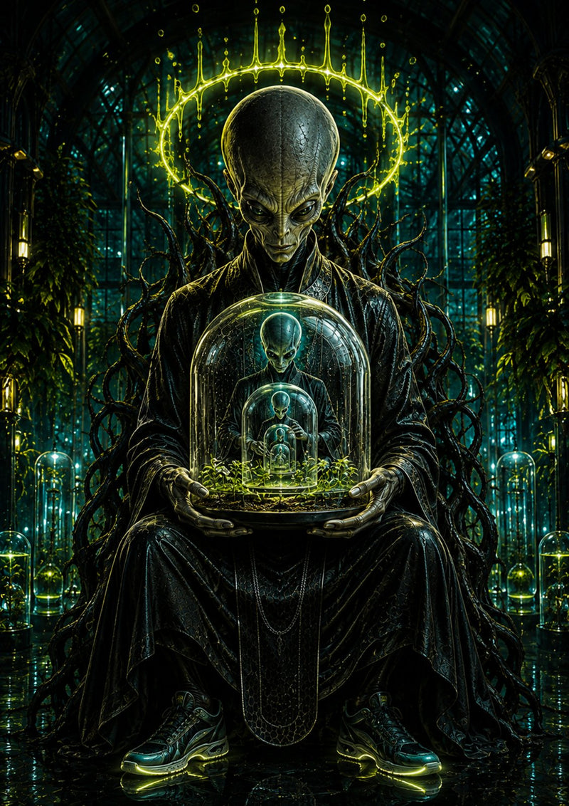The Custodian art print — an alien on a throne holding nested glass biosphere domes in his lap