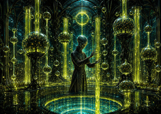 The Nursery art print — a hall of lit glass propagation globes between columns of light