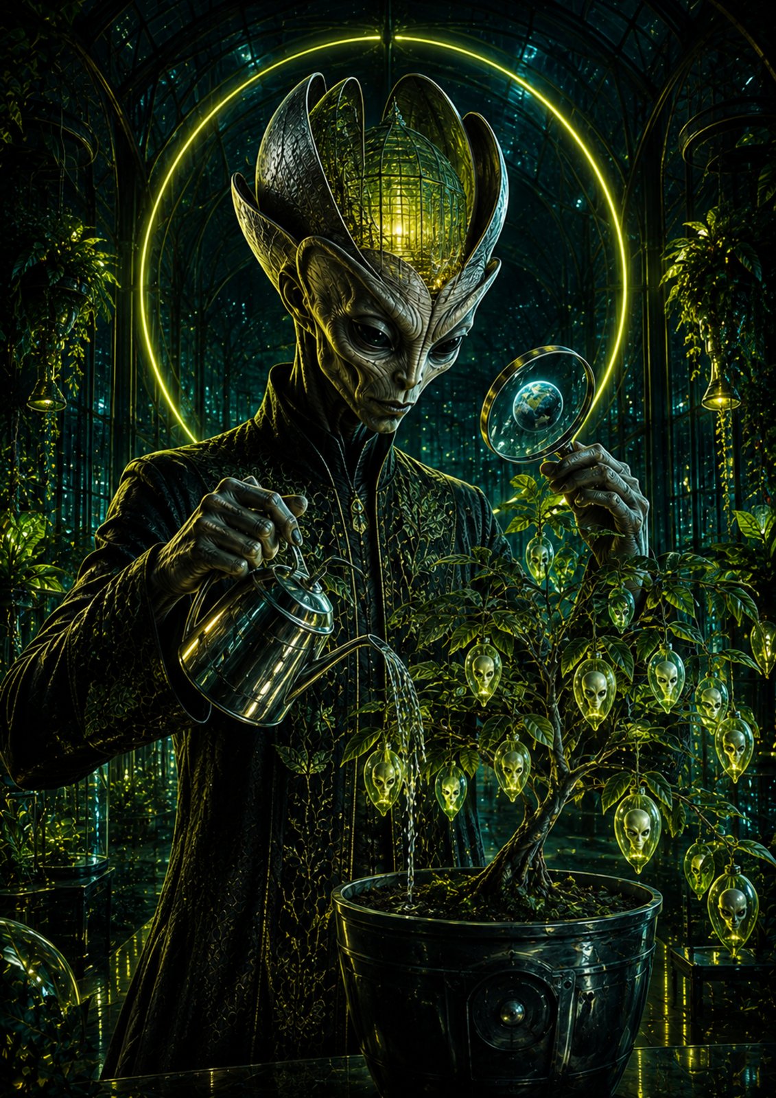 The Propagator art print — a crowned alien watering a bonsai tree that fruits small alien heads