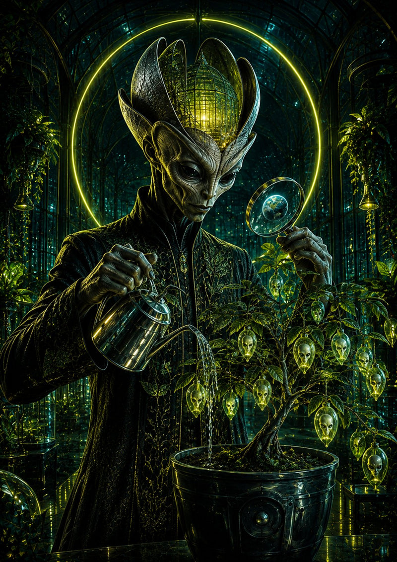 The Propagator art print — a crowned alien watering a bonsai tree that fruits small alien heads