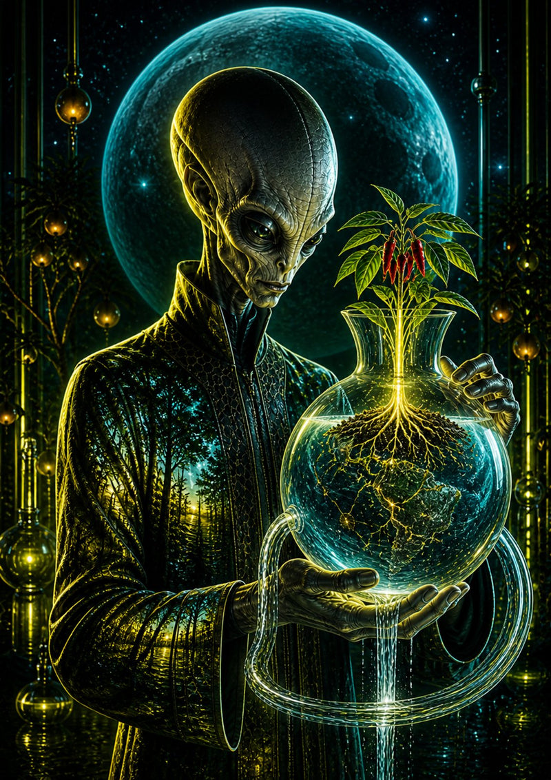 Art print — an alien holding a round glass vessel with roots inside and a plant breaking out of the top, a blue planet behind
