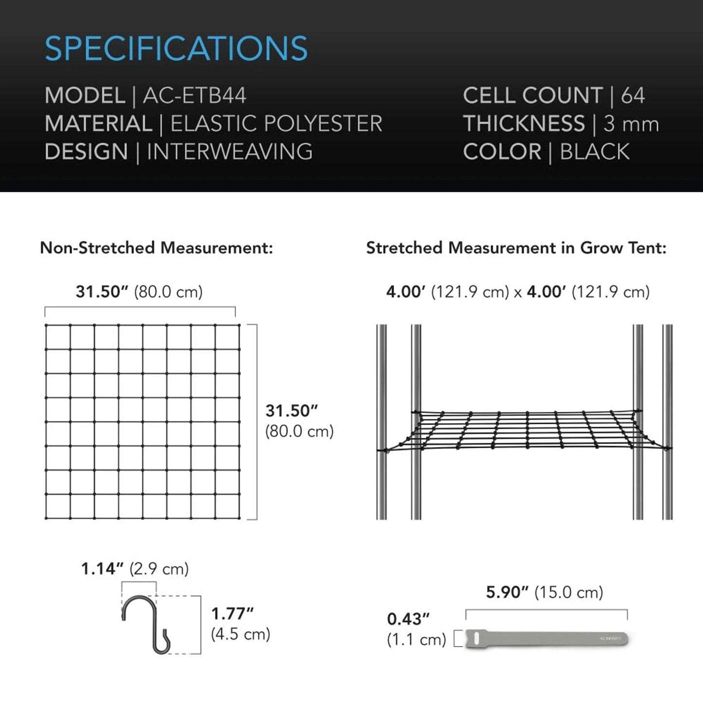 AC Infinity Grow Tent Trellis Netting, Flexible Elastic Cords